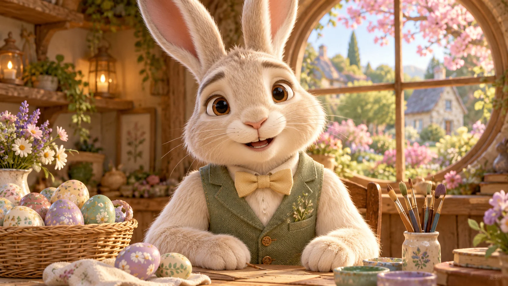 Le Lapin de Pâques prépare ses œufs décorés dans son atelier fleuri